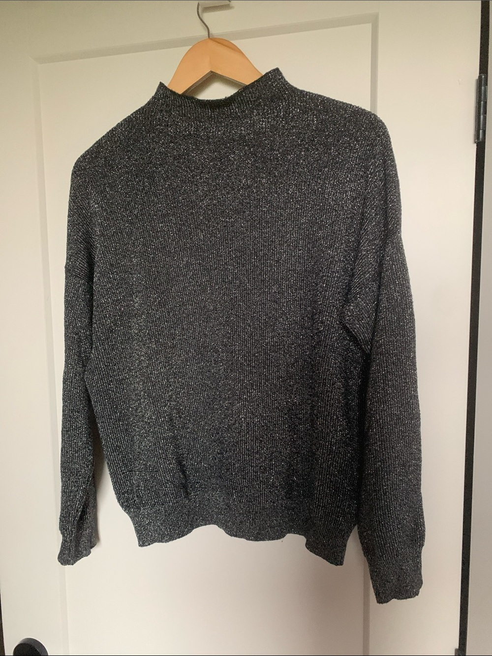 Sparkling Black Silver Women's Metallic Mock Neck Sweater Holidays Winter Party